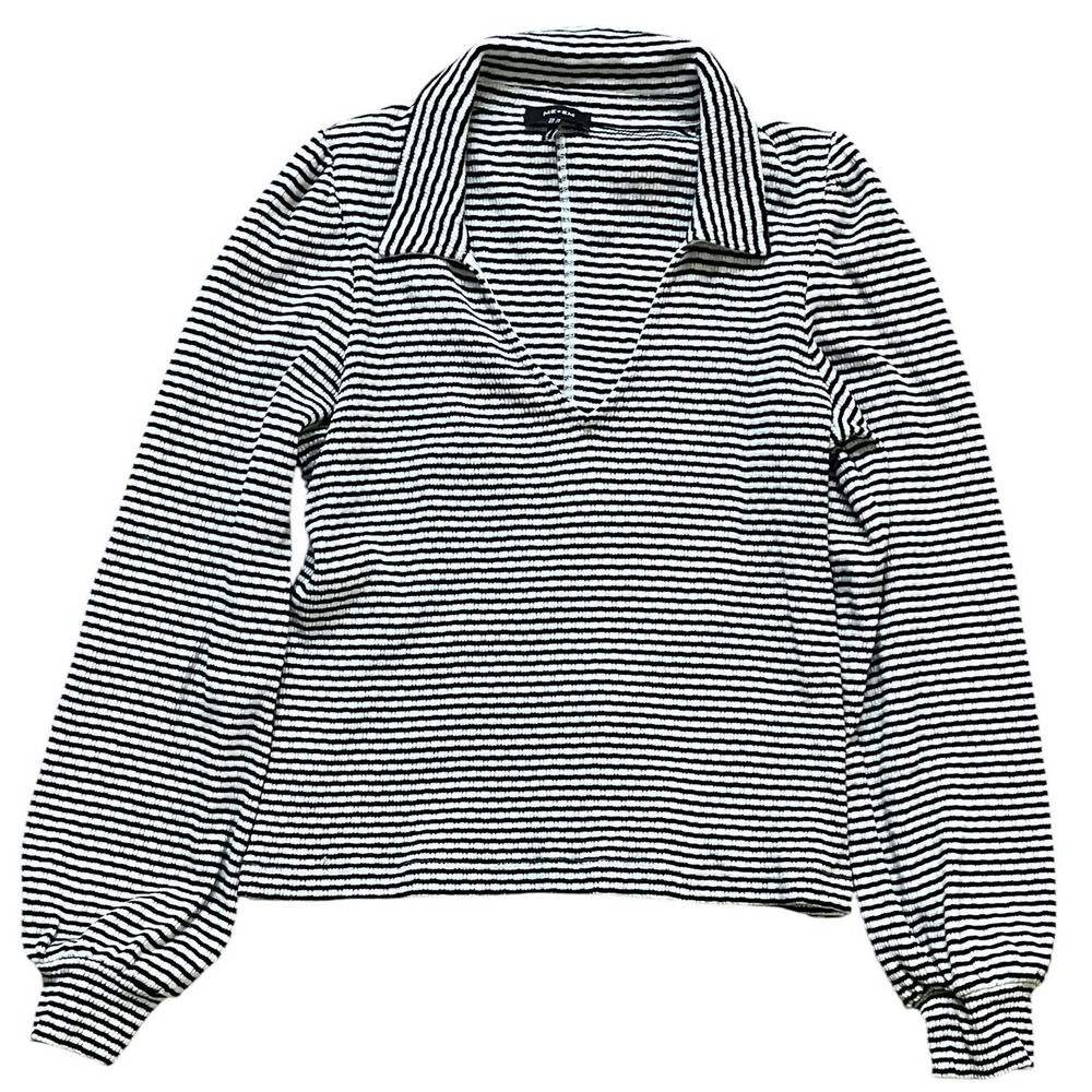 Me + Em Striped Long Sleeve Cotton Polo Shirt Black & White, Size 12